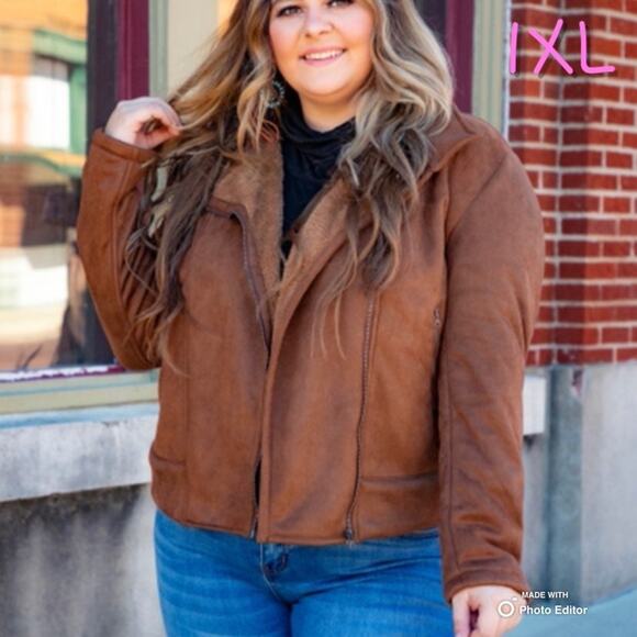 L&B Tan Sherpa Lined Suede Jacket - 1XL - Picture 1 of 7